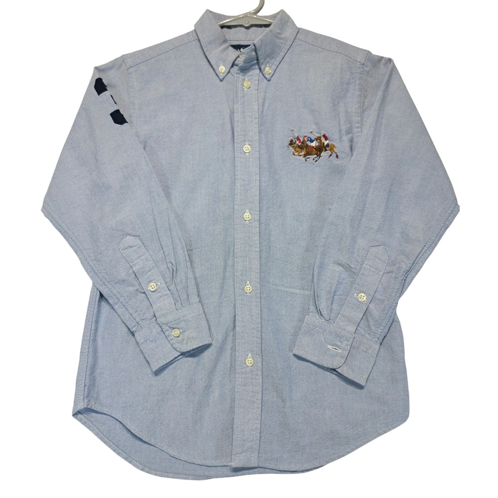 Ralph Lauren Boys Blue Oxford Shirt Multi Pony Logo Size 7 Long Sleeve Button Up